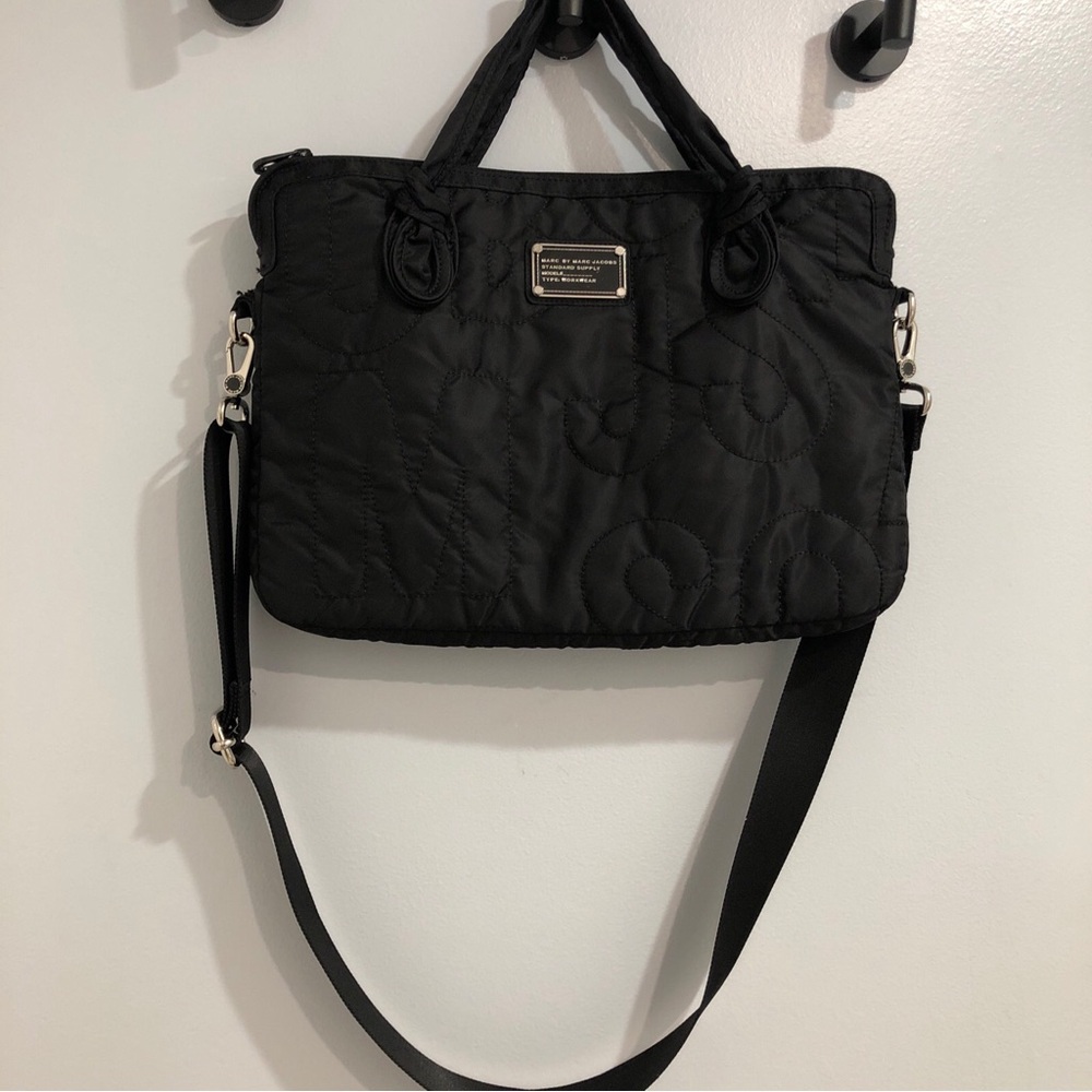 Marc By Marc Jacobs Black Quilted Logo Nylon Laptop Bag Crossbody Messenger